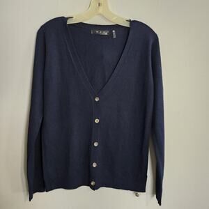 MAK Womens V-neck Cardigan Sweater Silver Bottoms Lightweight Navy Blue Sz M